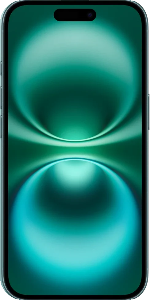 iPhone 16 en verde azulado, de frente
