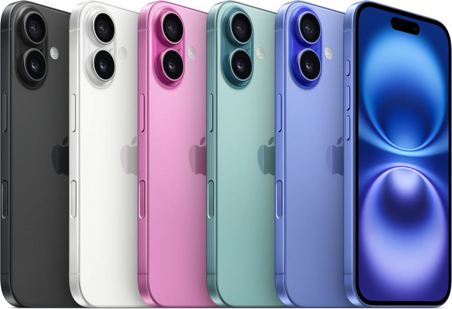 El iPhone 16 en negro, blanco, rosa, verde azulado y ultramarino