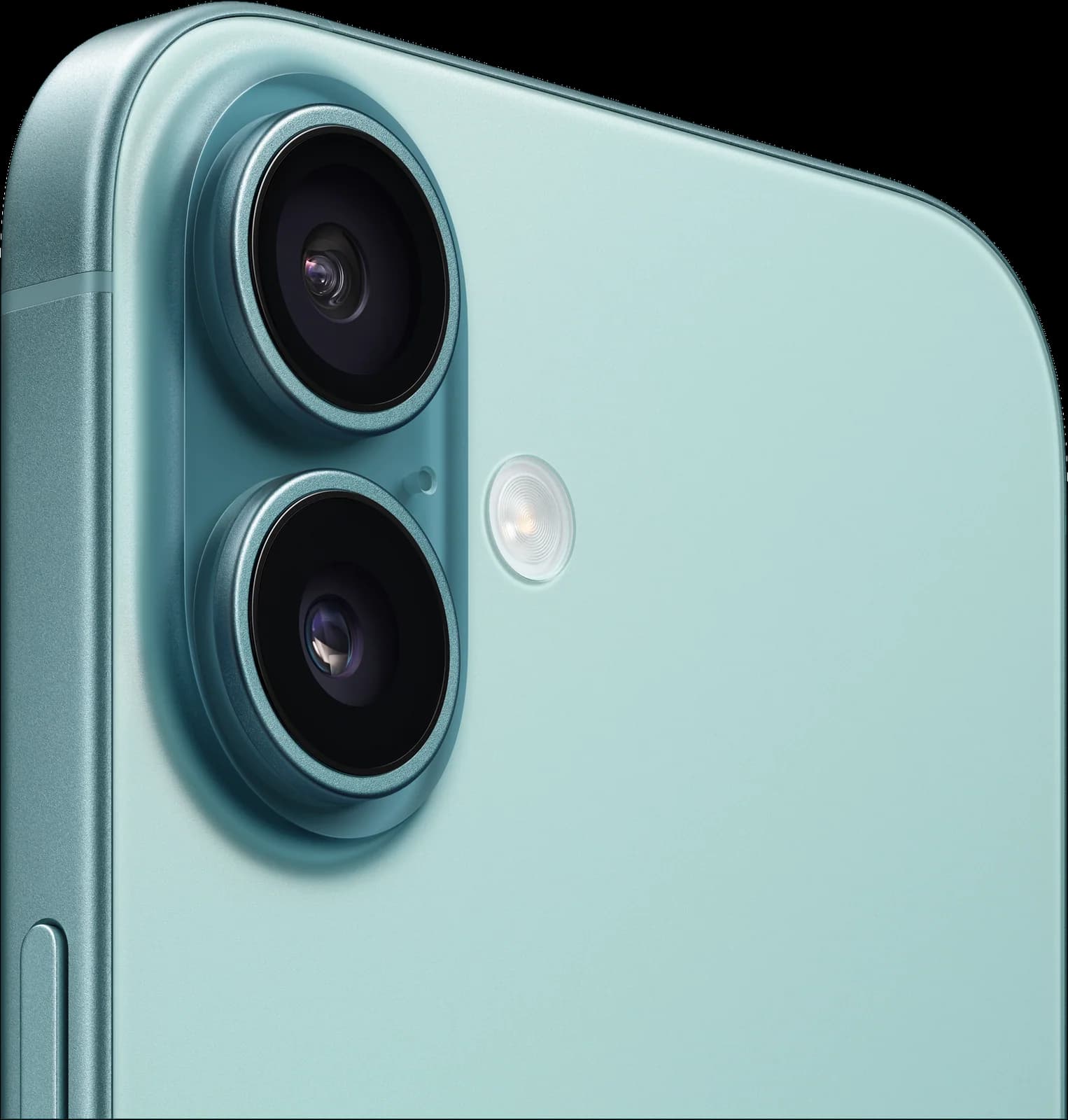 Las cámaras del iPhone 16 en verde azulado, de cerca
