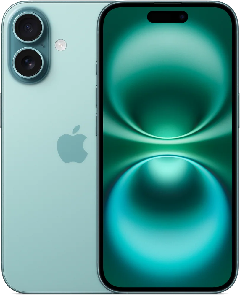 iPhone 16 en verde azulado, de espaldas y de frente