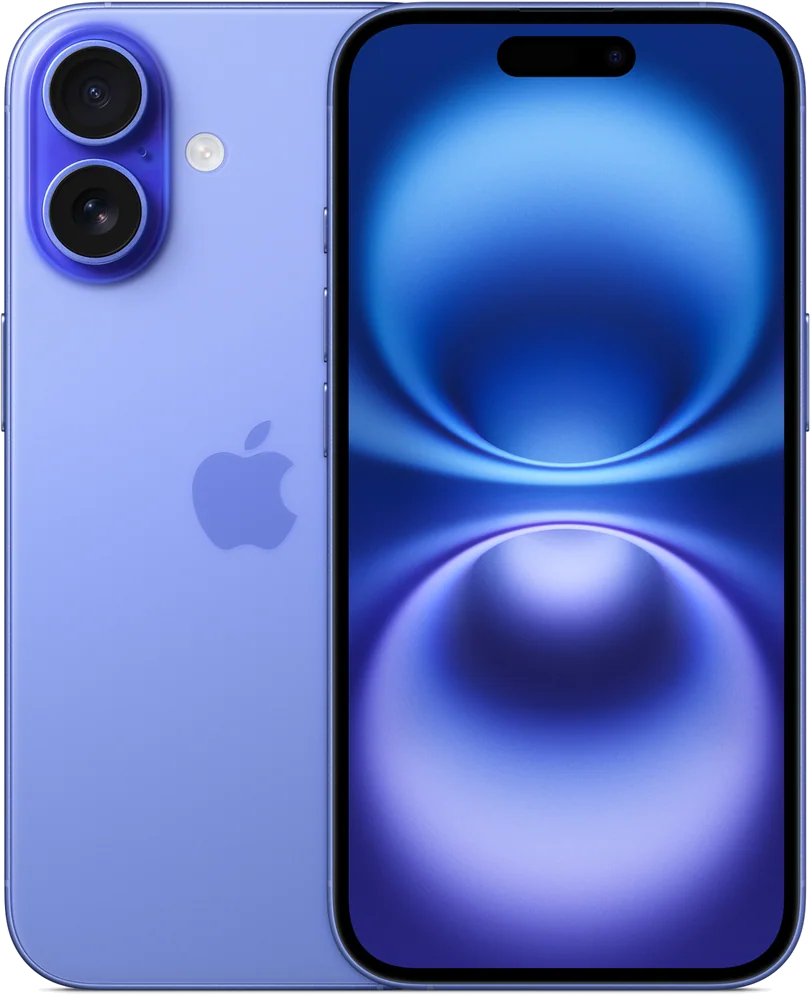 iPhone 16 en ultramarino, de espaldas y de frente
