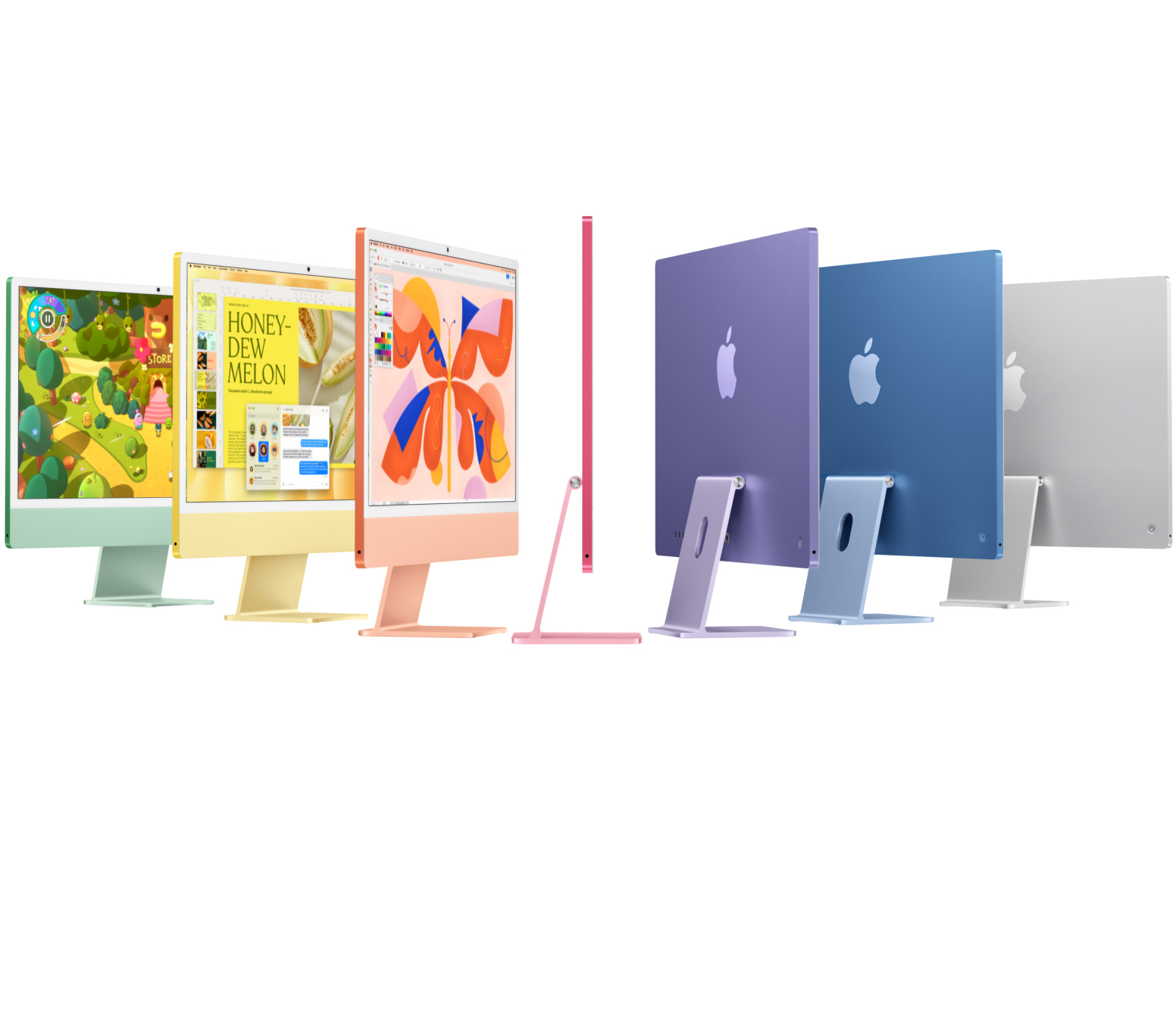 Siete computadores iMac en distintos colores (verde, amarillo, naranja, rosa, morado, azul y color plata) organizadas como un acordeón