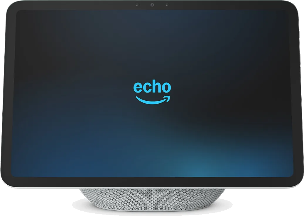 El Echo Show 11 en Glacier White, de frente, con el logo de Echo en la pantalla.