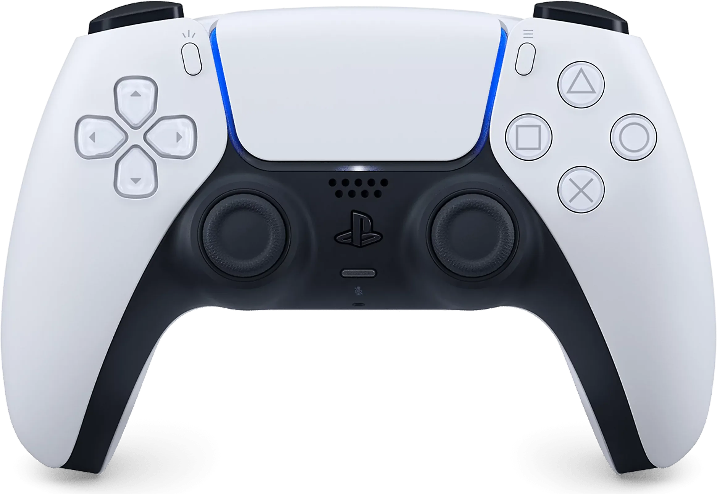 El control DualSense blanco, de frente.
