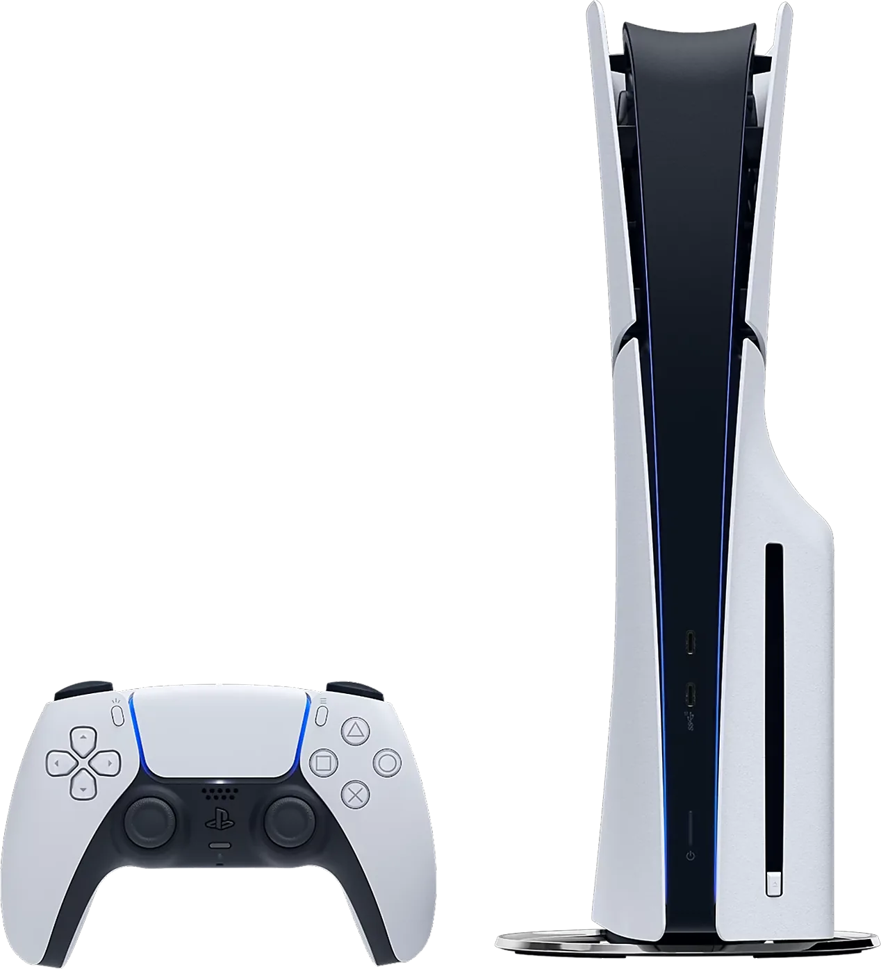 La PlayStation 5 de pie, con su control DualSense.