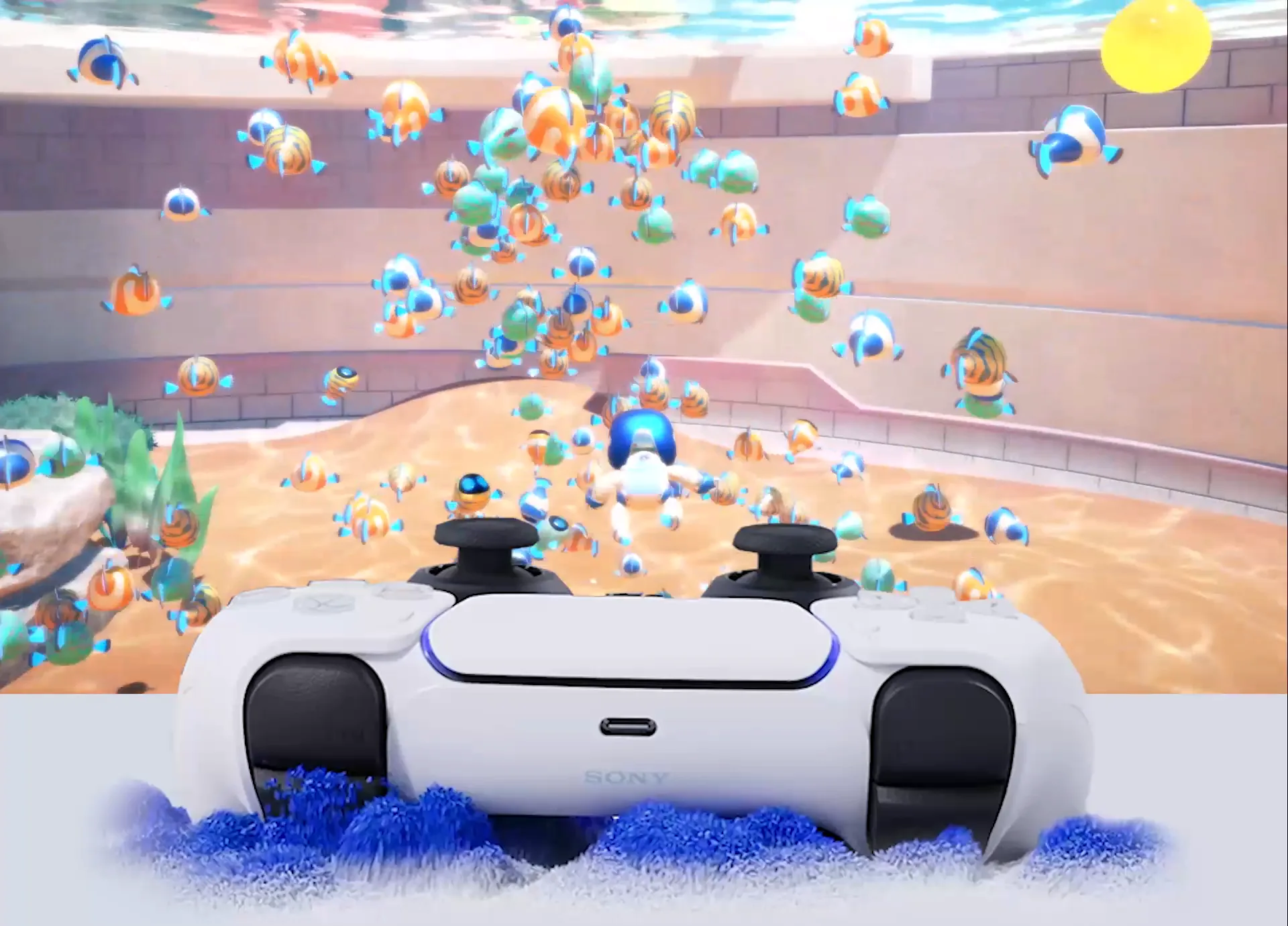 El control DualSense frente a una escena de Astro Bot.