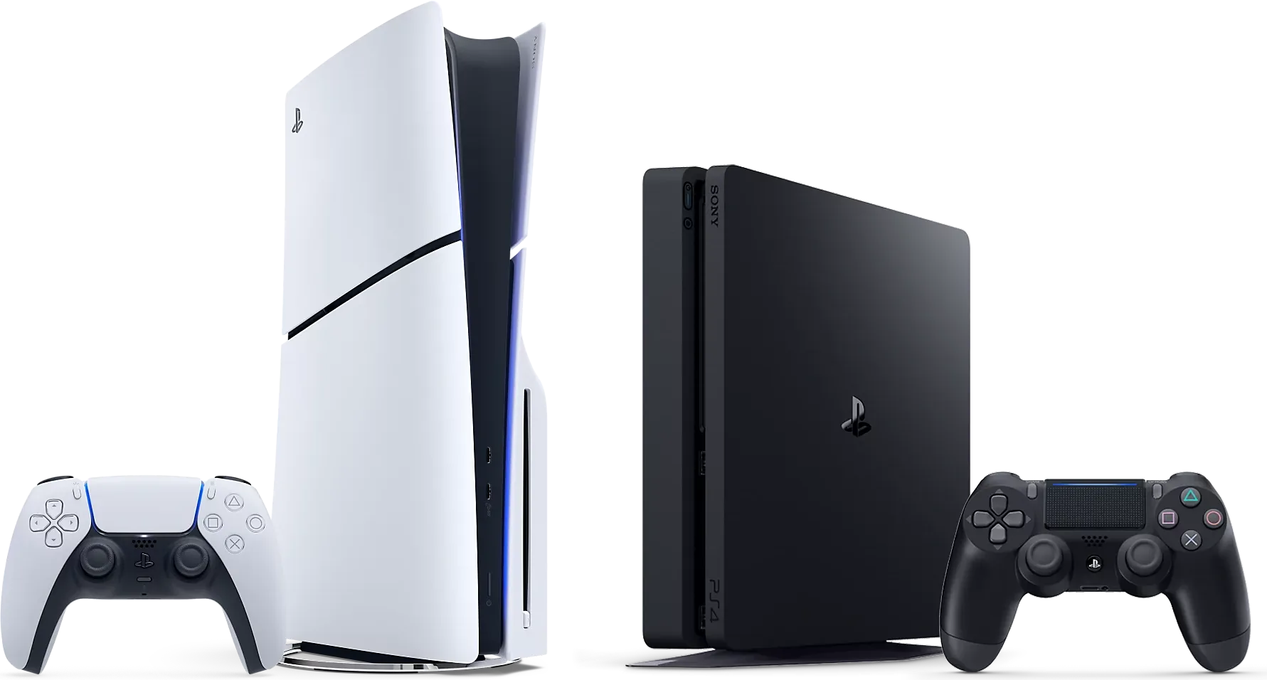 La PlayStation 5 junto a una PlayStation 4, cada una con su control.