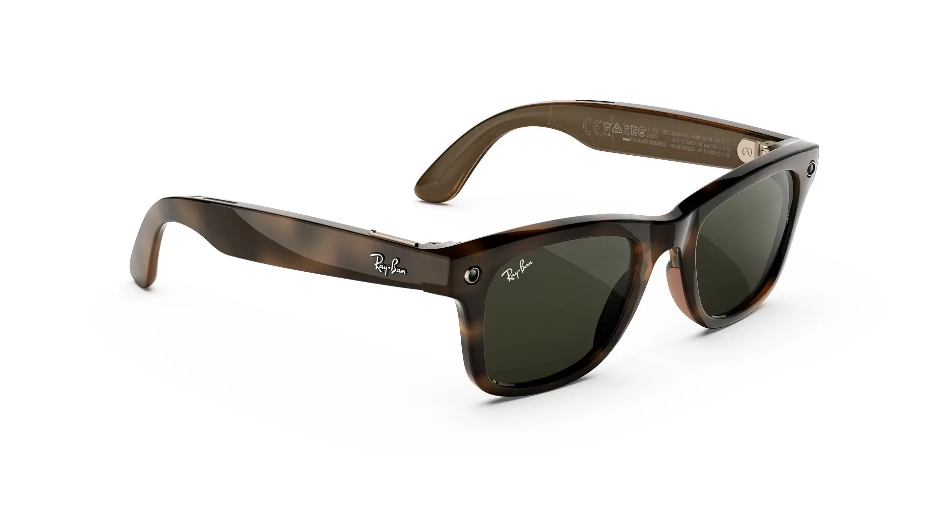 Las Ray-Ban Meta Wayfarer Havana con lentes verdes, de cerca: el lente, la cámara y la varilla.