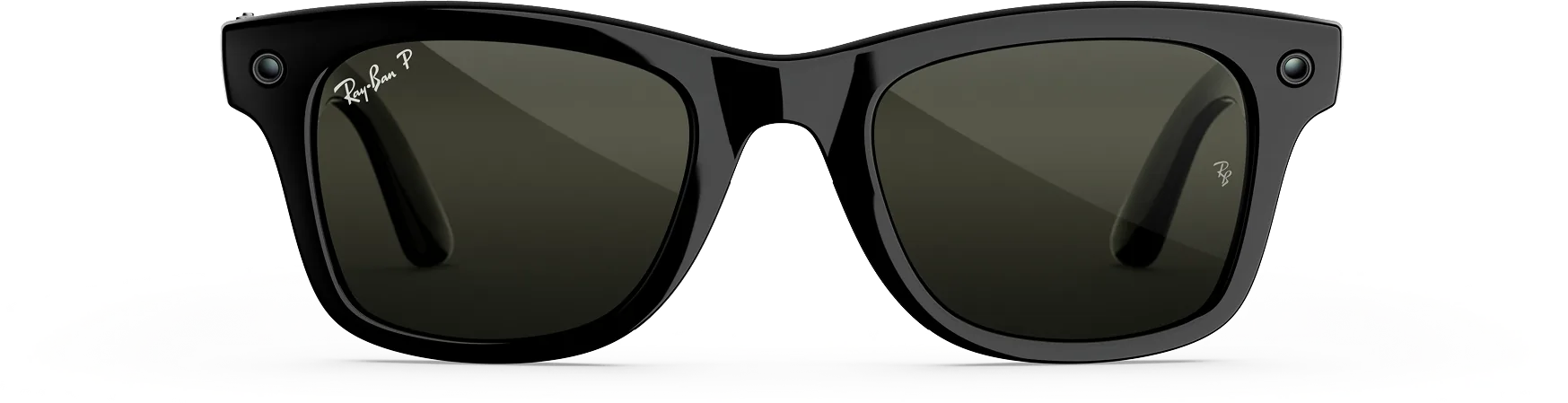 Las Ray-Ban Meta Wayfarer negro brillante con lentes polarizados verdes, de frente.