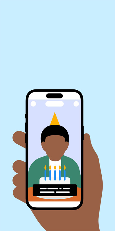 Ilustración de una mano sosteniendo un iPhone que muestra un clip de video de un niño sentado frente a un pastel con velas y subtítulos en la pantalla