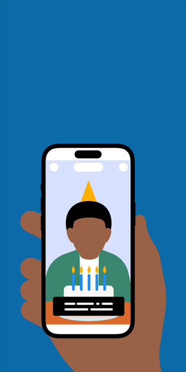 Ilustración de una mano sosteniendo un iPhone que muestra un clip de video de un niño sentado frente a un pastel con velas y subtítulos en la pantalla