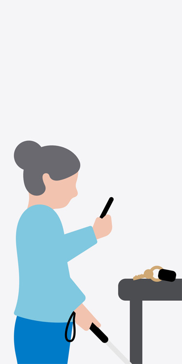 Ilustración del perfil de una mujer de pie que sostiene un bastón blanco, apunta con un iPhone a las llaves que hay sobre una mesa frente a ella