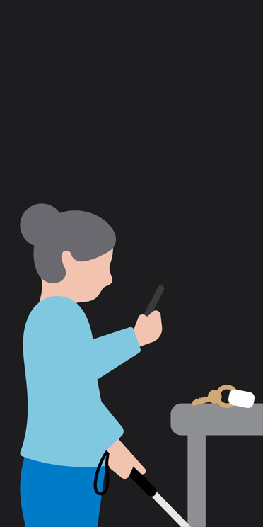 Ilustración del perfil de una mujer de pie que sostiene un bastón blanco, apunta con un iPhone a las llaves que hay sobre una mesa frente a ella