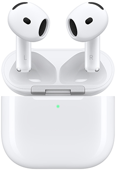 AirPods 5: color blanco, audífonos con forma oval, parte inferior pequeña, Estuche de Carga Inalámbrica, estructura uniforme con orificio para el parlante, indicador LED de encendido en la parte externa, abierto, con bisagra color plata