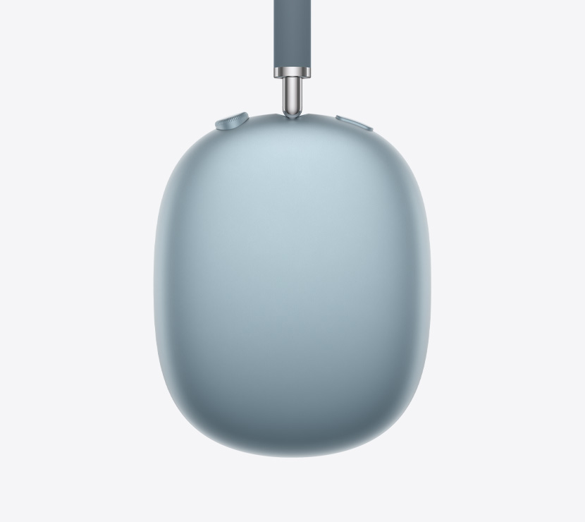 Audífonos AirPods Max 2, parte lateral, color azul, detalle del brazo telescópico, almohadilla, Digital Crown y botón de control de ruido