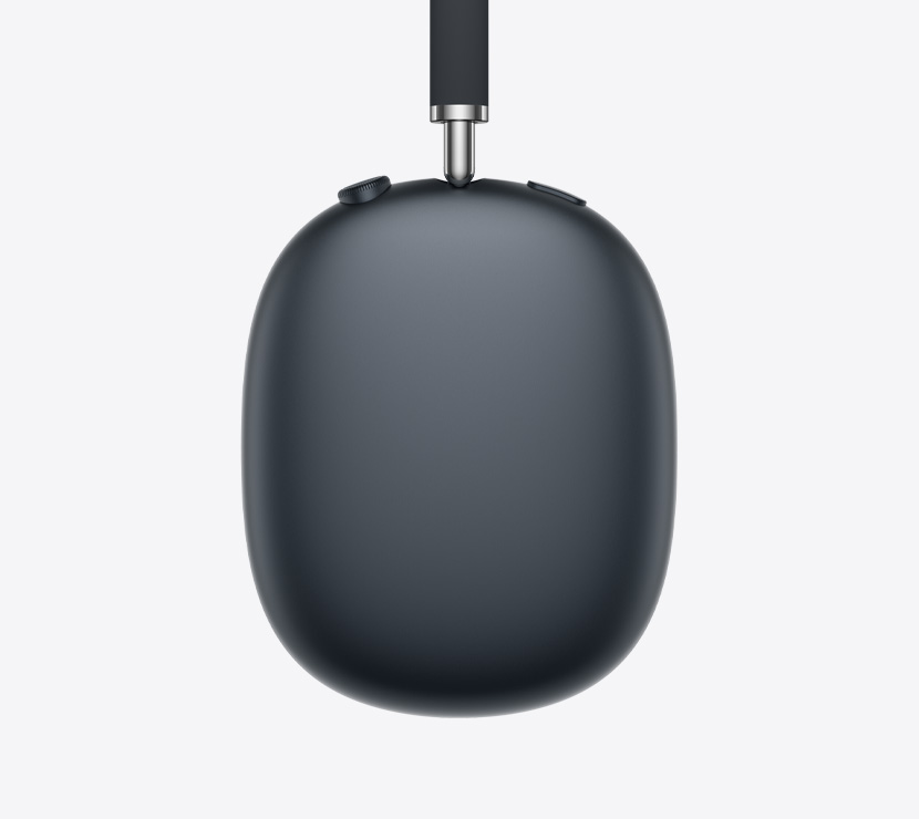 Audífonos AirPods Max 2, parte lateral, color medianoche, detalle del brazo telescópico, almohadilla, Digital Crown y botón de control de ruido
