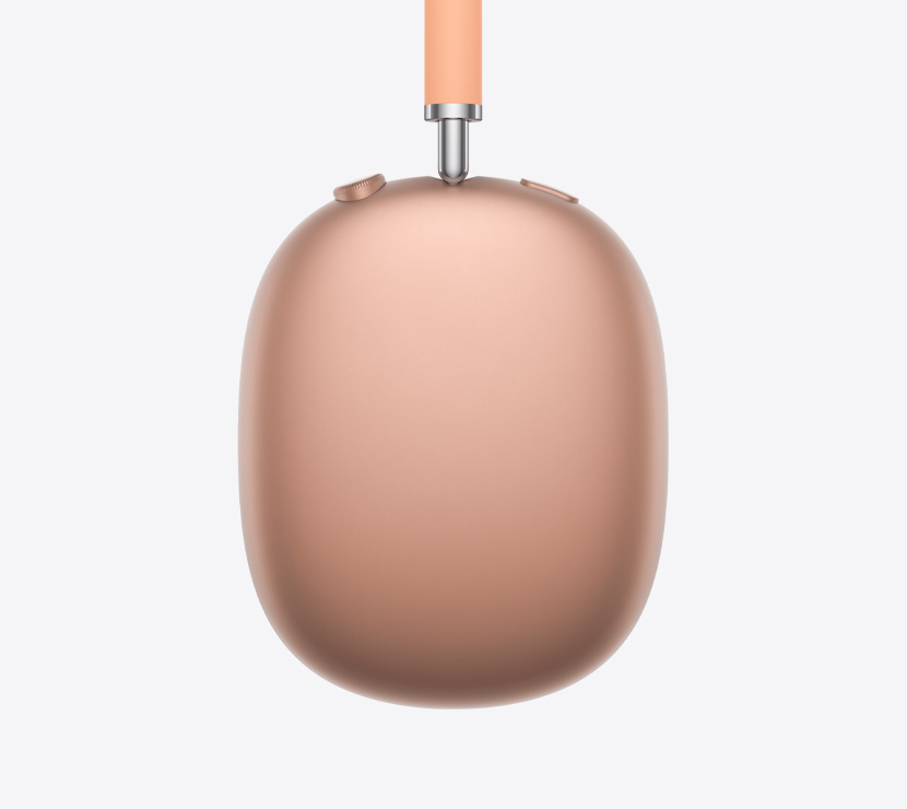Audífonos AirPods Max 2, parte lateral, color naranja, detalle del brazo telescópico, almohadilla, Digital Crown y botón de control de ruido
