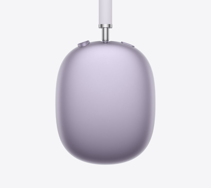 Audífonos AirPods Max 2, parte lateral, color morado, detalle del brazo telescópico, almohadilla, Digital Crown y botón de control de ruido