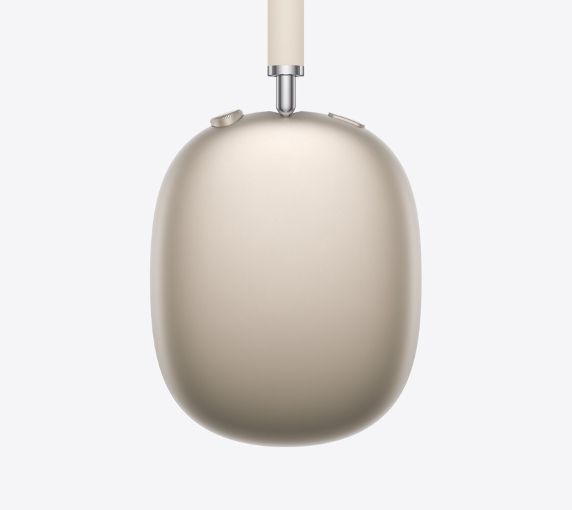 Audífonos AirPods Max 2, parte lateral, color blanco estelar, detalle del brazo telescópico, almohadilla, Digital Crown y botón de control de ruido