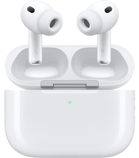 AirPods Pro 3 en el estuche de carga con la tapa abierta, parte frontal, blanco