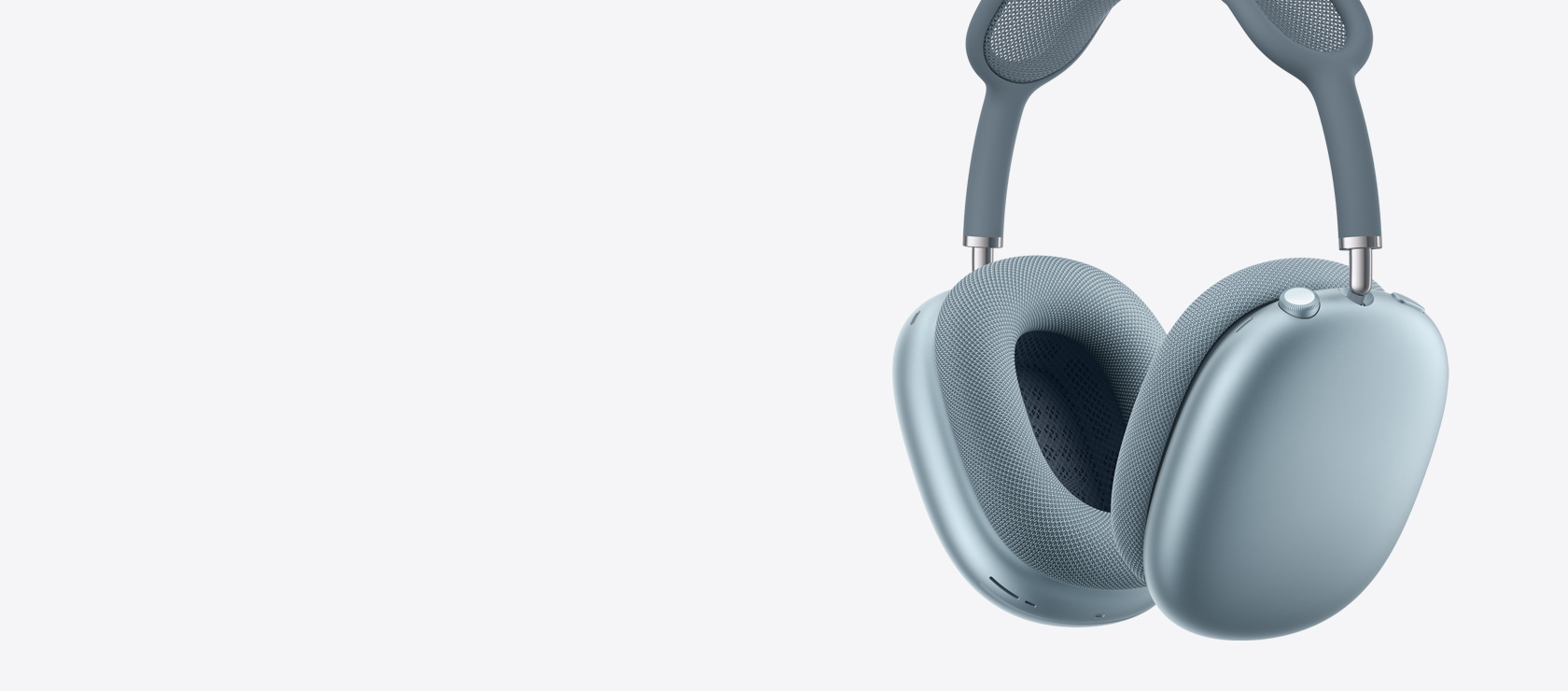 Audífonos AirPods Max 2, parte lateral, color azul, almohadillas por dentro y por fuera, Digital Crown
