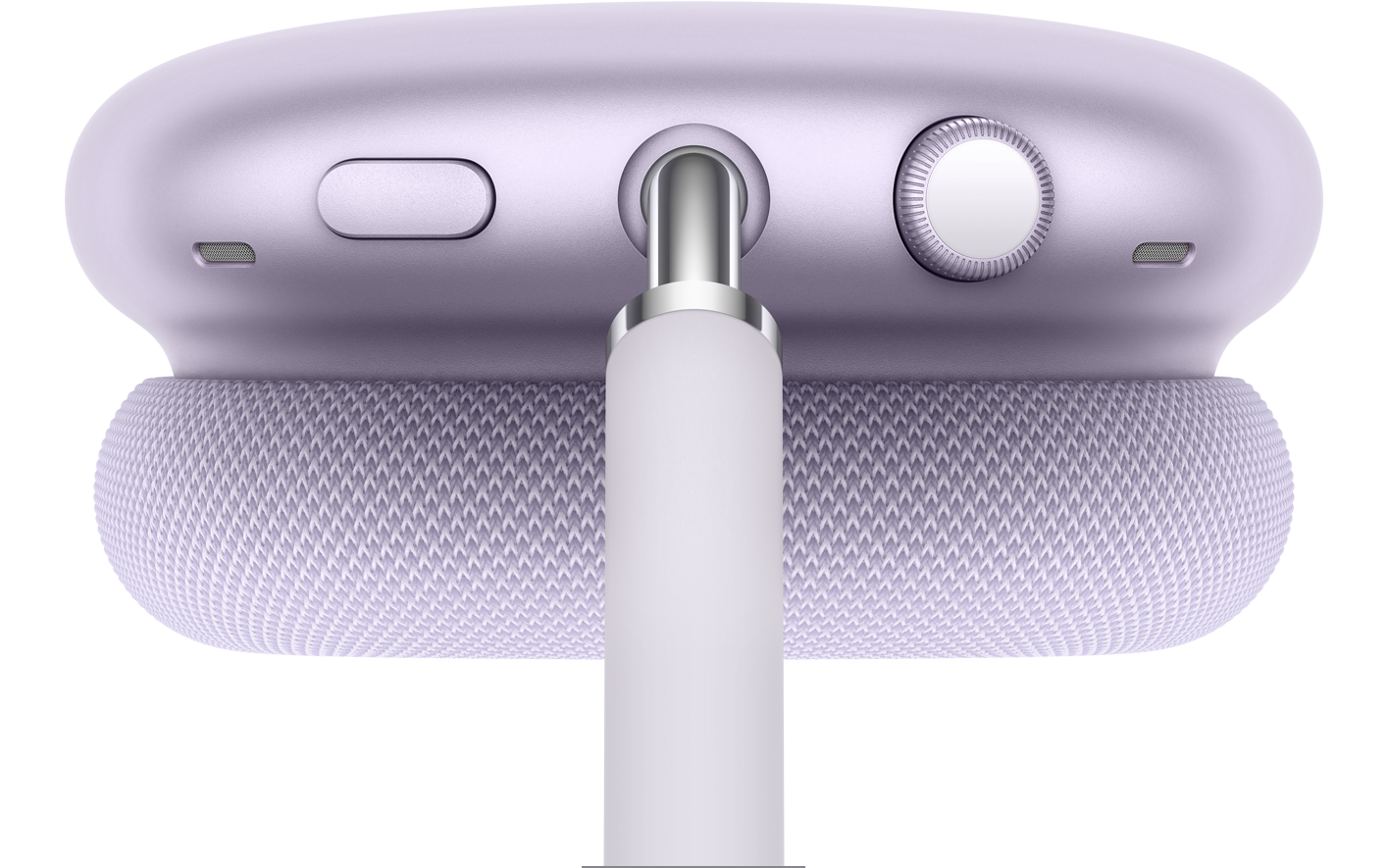 Audífonos AirPods Max 2 en color morado, parte superior, detalle del botón de control de ruido y modo Ambiente