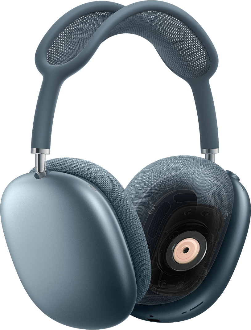 Audífonos AirPods Max 2 en color azul, parte lateral, una almohadilla con una vista transversal de la tecnología de controlador dinámico en el interior