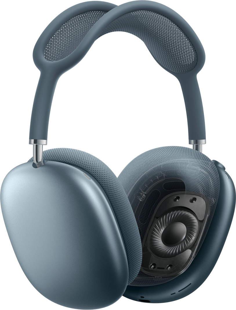 Audífonos AirPods Max 2 en color azul, parte lateral, una almohadilla con una vista transversal de la tecnología de controlador dinámico en el interior