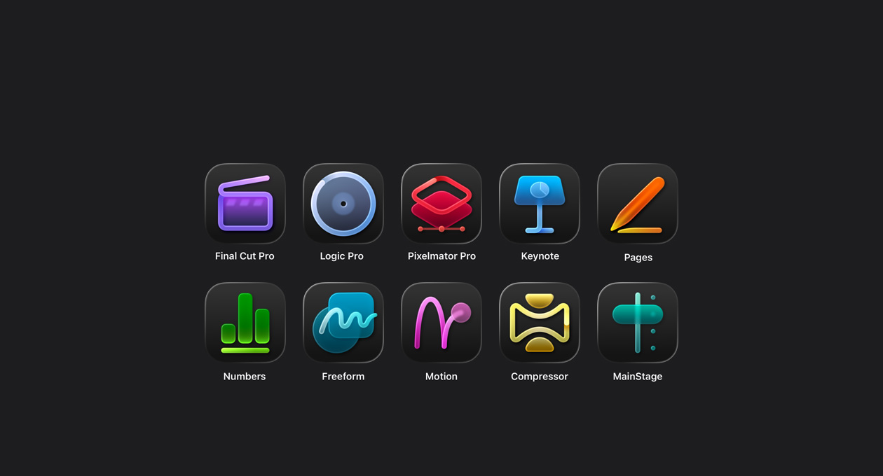 Íconos de las apps de Apple Creator Studio, Final Cut Pro, Logic Pro, Pixelmator Pro, Keynote, Pages, Numbers, Freeform, Motion, Compressor, MainStage
