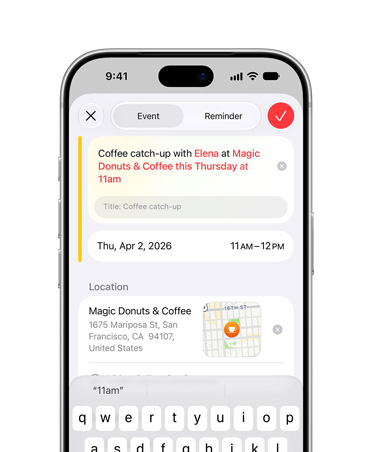 iPhone 17 Pro color plata, la pantalla muestra a Siri AI agregando un evento a la app Calendario
