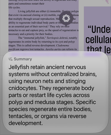Captura de pantalla de la funcionalidad Buscar imágenes en uso que resume varios párrafos de un artículo sobre la biología de las medusas