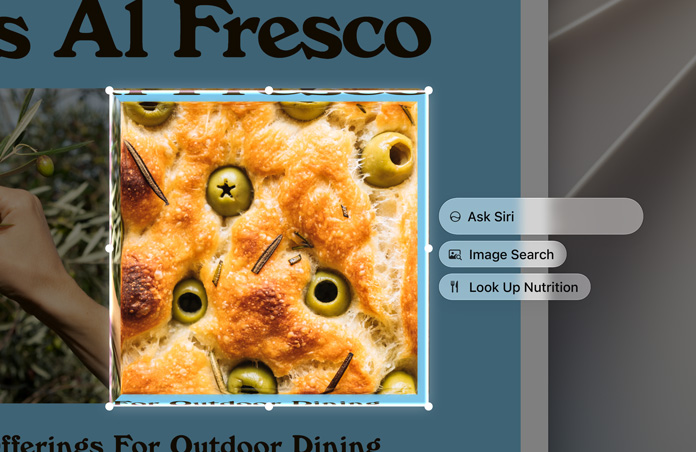 Captura de pantalla de comida, con una burbuja de Siri que da la opción de buscar la imagen o conocer su información nutricional