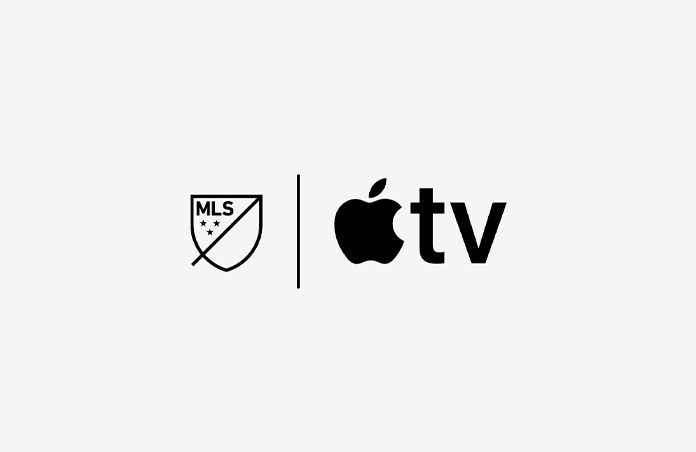 Logos de la Major League Soccer y Apple TV dispuestos uno al lado del otro, separados por una línea vertical