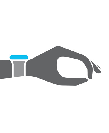Ilustración de una mano con el dedo índice y el pulgar juntos, la muñeca lleva puesto un Apple Watch