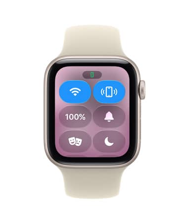 Apple Watch SE 3, caja de aluminio, color blanco estelar, la pantalla muestra el Centro de Control, el ícono Ubicar iPhone, parte lateral derecha, Digital Crown, correa deportiva, color suculenta pálido (amarillo verdoso claro)
