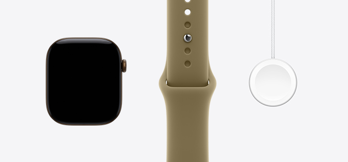 Apple Watch Series 12, caja de aluminio, color bronce oscuro, parte frontal, pantalla con diseño de borde a borde, correa deportiva color oliva, cable de carga magnética rápida con conector USB-C para el Apple Watch