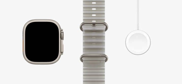 Apple Watch Ultra 4, caja de titanio natural, pantalla con diseño de borde a borde, correa Ocean gris translúcida, cable de carga magnética rápida con conector USB-C para el Apple Watch