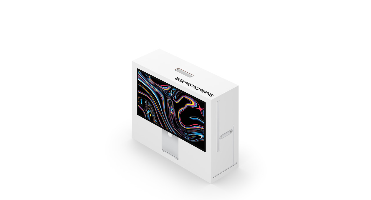 Empaque del monitor Studio Display XDR, blanco, imagen del producto impresa en el exterior