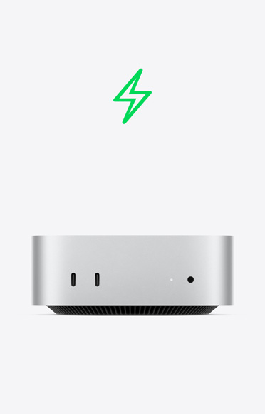Ícono de rayo verde, parte frontal de una Mac mini, dos puertos USB-C, luz indicadora de estado