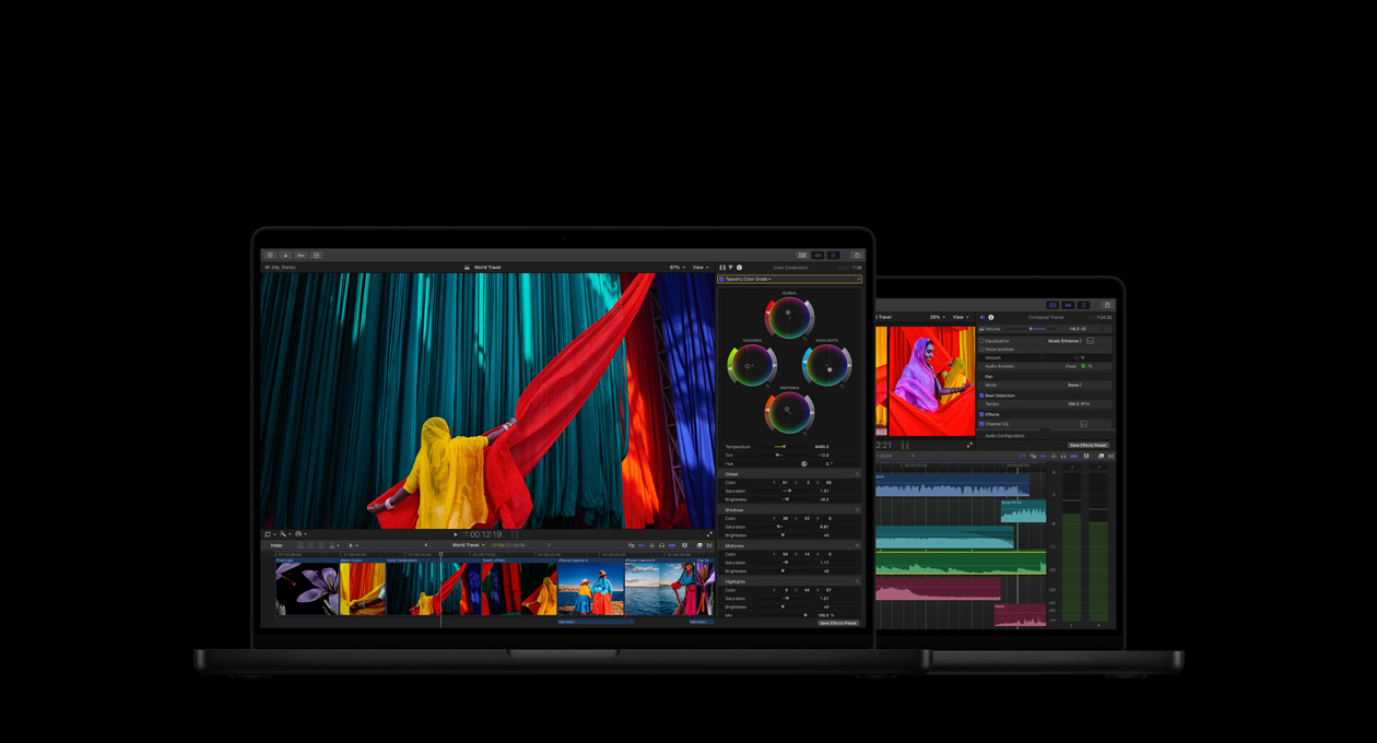 MacBook Pro de 16 pulgadas con herramientas de corrección de color, mujer con sari amarillo y una tela roja sobre un fondo azul, MacBook Pro de 14 pulgadas con una pantalla de edición que muestra ondas de audio y la herramienta de ecualización