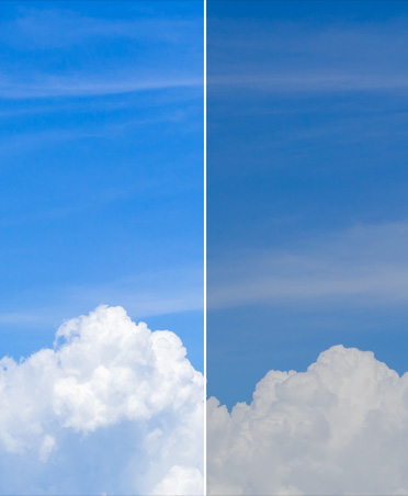 Imagen en dos partes de un cielo con nubes que muestra el antes y el después de usar la herramienta de corrección de color