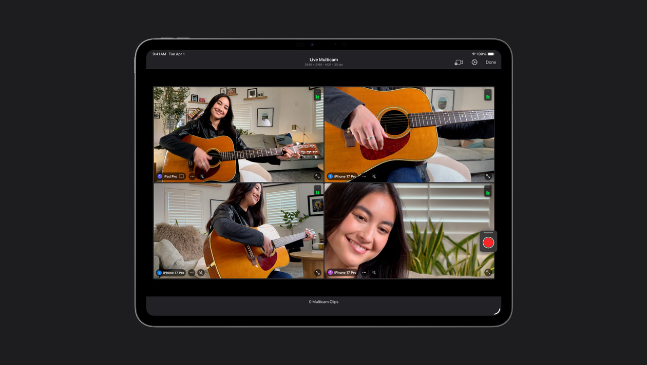 iPad Pro de 13 pulgadas que muestra Multicam en Vivo con cuatro ángulos diferentes de una persona tocando la guitarra y usando dispositivos iPad Pro y iPhone 17 Pro