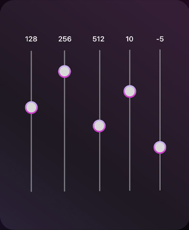 Cinco perillas de edición de audio ajustadas en distintos niveles