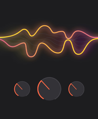 Pantalla con ondas de sonido amarillas, rosas y naranjas, tres círculos grises con un borde parcial rojo, edición de sonido