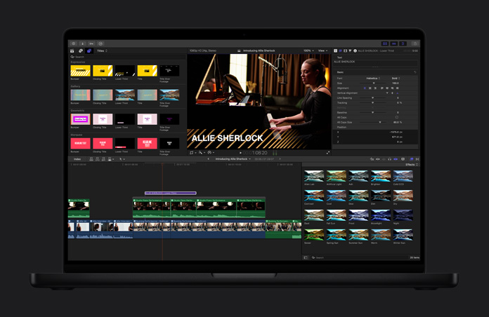 MacBook Pro de 16 pulgadas, edición de un video musical que muestra los títulos y efectos disponibles, el título dice Allie Sherlock