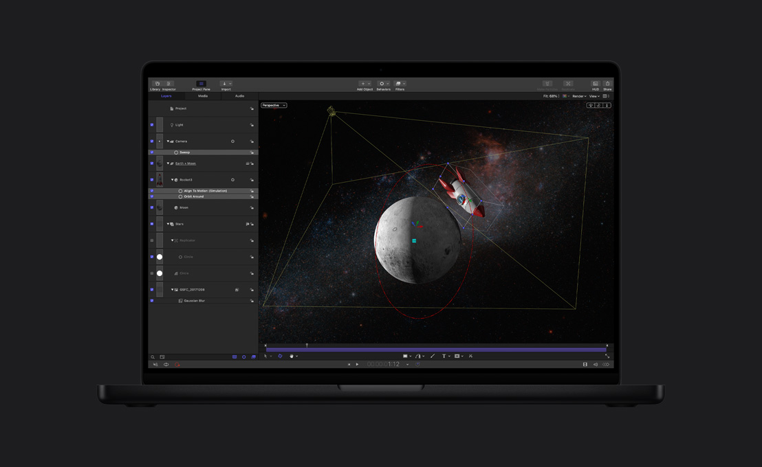 MacBook Pro de 16 pulgadas, imagen estilizada de un cohete que orbita alrededor de la Luna para mostrar la simulación de movimiento