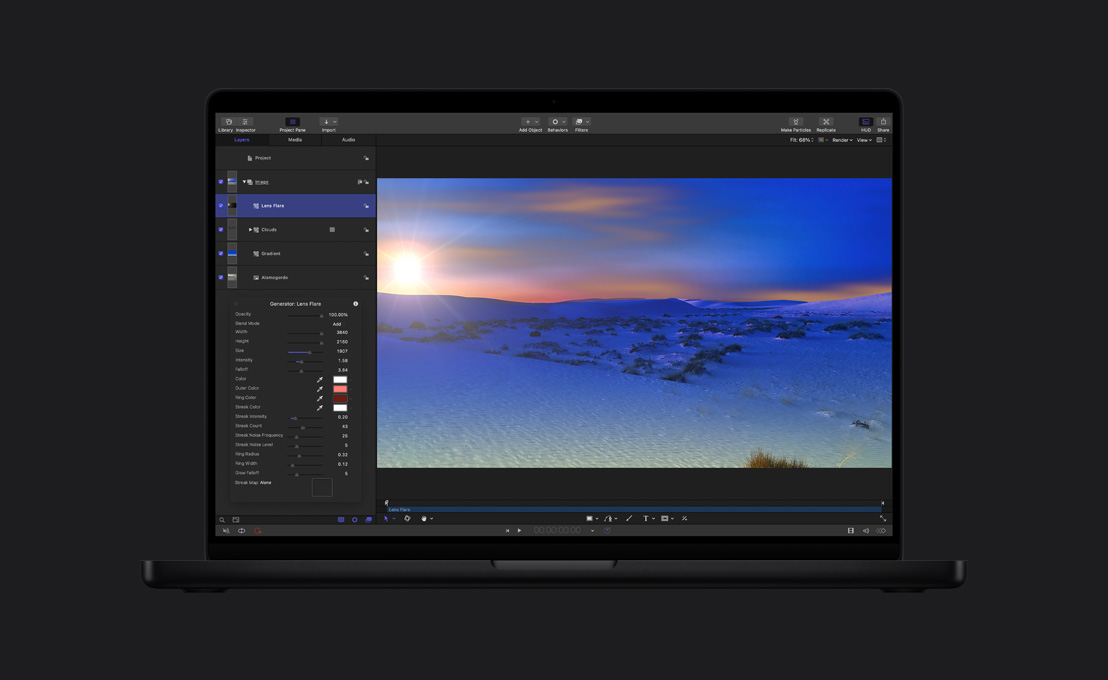 MacBook Pro de 16 pulgadas, vista panorámica de un paisaje cubierto de nieve con demostración del efecto Destello