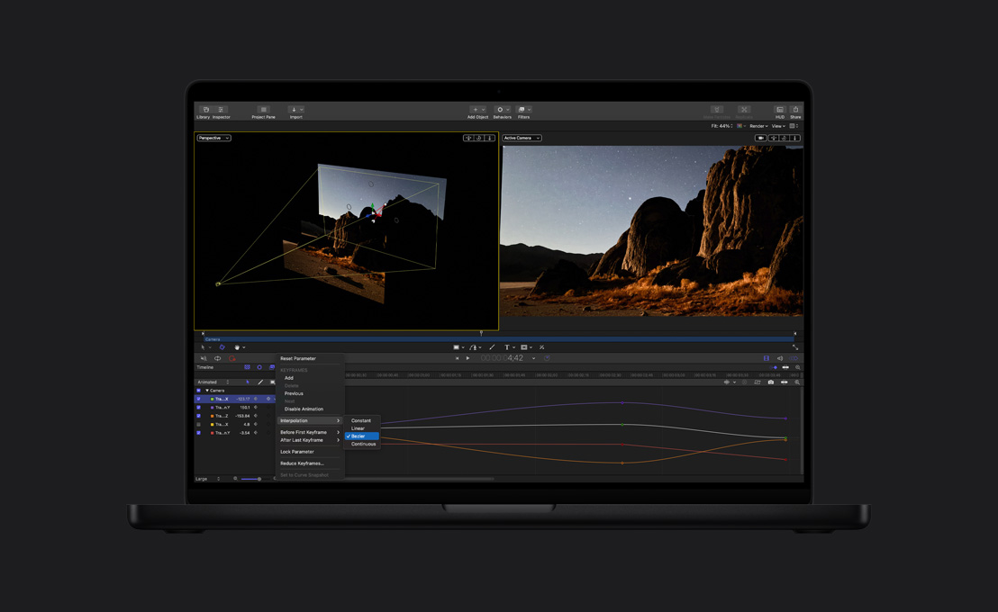 MacBook Pro de 16 pulgadas, montañas con la demostración de la edición de fotogramas clave