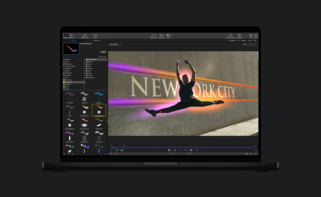 MacBook Pro de 16 pulgadas, bailarín dando un salto con un halo que lo rodea, demostración de la herramienta de dibujo
