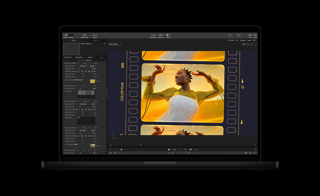 MacBook Pro de 16 pulgadas, mujer bailando sobre un fondo amarillo y naranja